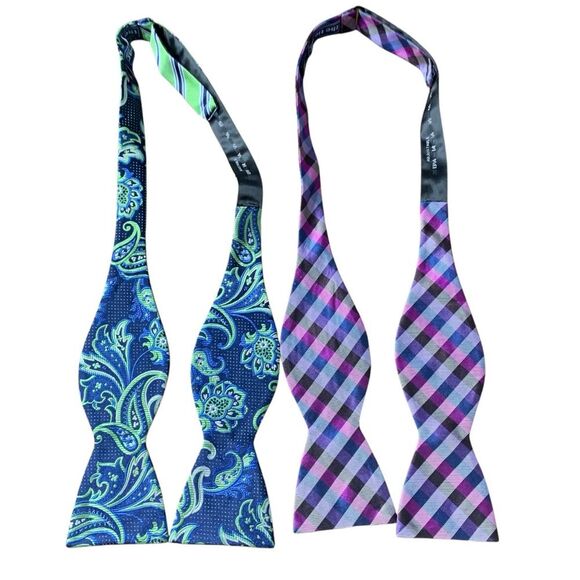 The Tie Bar Set of 2 Silk Bow Ties Men's Stain Resistant Adjustable Multi-Color - Picture 8 of 11